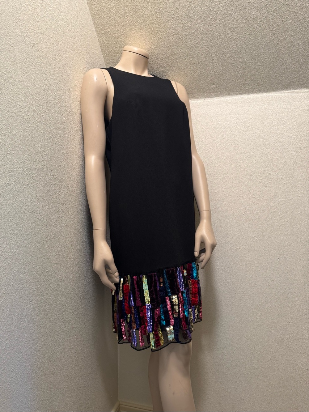 Trina Turk Black Midi Shift Dress with Multicolor Sequin Fringe